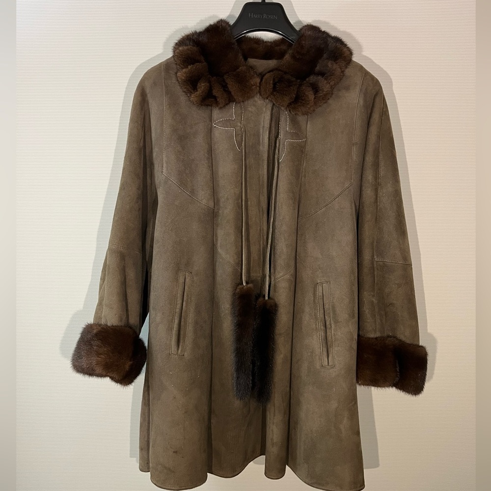 Suede Coat with Fur Trim - Brown
